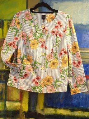 Rafaella Striped Floral Print Lightweight Jacket Women's Size Large